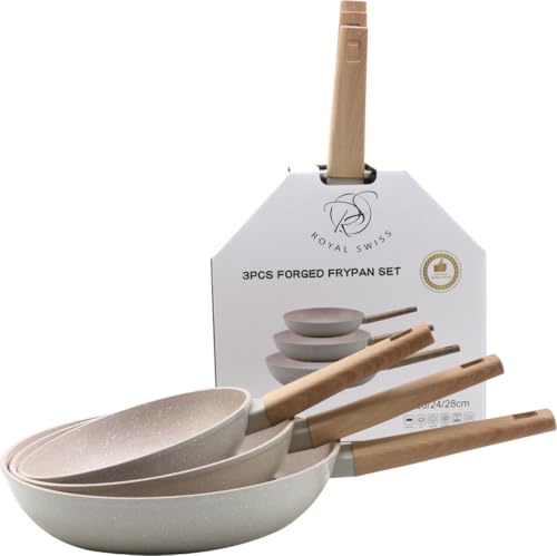 ROYAL SWISS® 3-teiliges Bratpfannen Set – Aluminium Pfannen mit Marmor Antihaftbeschichtung, geeignet für Induktion, Gas & Elektro, ofenfest bis 180°C, spülmaschinengeeignet, gesund kochen (Beige)
