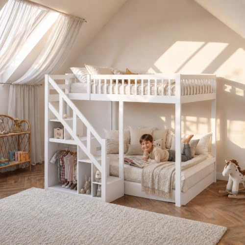 Kinderbett 140 x 200 cm, Etagenbett mit rechtwinkliger Treppe, Kinder-Hochbett mit Stoßschutz, Einzelbettrahmen für Kinder mit Lattenrost, Weiß (140x200)