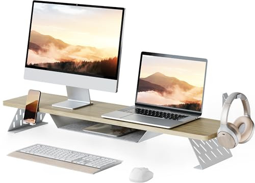 Fenge Dual Monitorständer mit Telefon Halter/Headset Halterung, 2 Etagen Groß Bildschirmständer für Computer/PC/Laptop/TV, 108x25x13,8cm (Eiche)