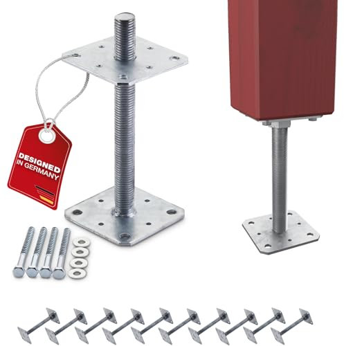 SOTECH 10er Set Pfostenträger 110 x 110 x 250 mm Gewinde M24 Stahl feuerverzinkt Verbinder höhenverstellbar Bodenplatte zum aufschrauben Witterungsbeständig