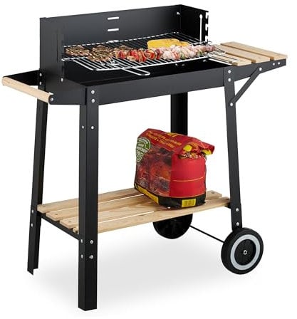 Relaxdays Barbecue à charbon avec roues, grille réglable avec paravent, 2 étagères, HLP 80,5 x 86 x 42 cm, acier, bois, plastique