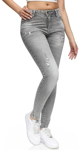 REPUBLIX Damen Destroyed Mid Waist Skinny-Fit Stretch Denim Jeans RJ-1003