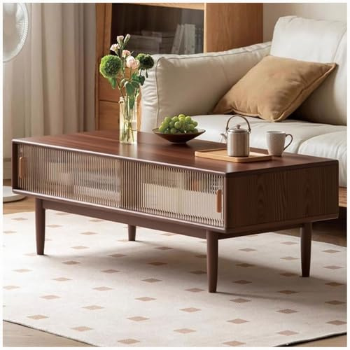 Eichenholz Couchtisch, Couchtisch für Wohnzimmer, Mid Century Modern Table mit Glasschiebetür, Rustic Wood Desktop Center Table for Living Room,Walnut,39in/100cm