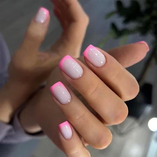 24PCS French Press on Nails Short Square, Pink Edge False Nails with Cute Design,Acrylic Nail Kit for Women, Stick on Nails with Manicure Tools Included, Long-Lasting Removable Nail Art Set