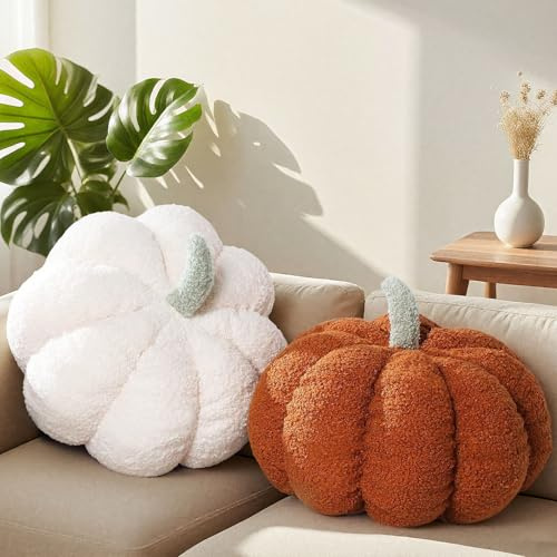 Zoefun 2 Stücks Kürbis Kissen Herbstdeko Innen, Pumpkin Pillow Plüsch Autumn Fall Decor, 3D Plüsch Kürbis Dekokissen,Halloween Deko Kürbis Dekokissen Für Wohnzimmer Schlafzimmer Sofa (A)