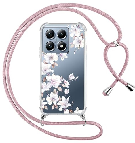 Yoedge Coque avec Cordon pour Xiaomi 14T Pro 6,67,Transparente Aesthetic Motif Fleur Étui Collier Réglable Tour de Cou Lanière Corde Lanyard Case, Silicone + PC Antichoc Housse pour Xiaomi 14T Pro,05