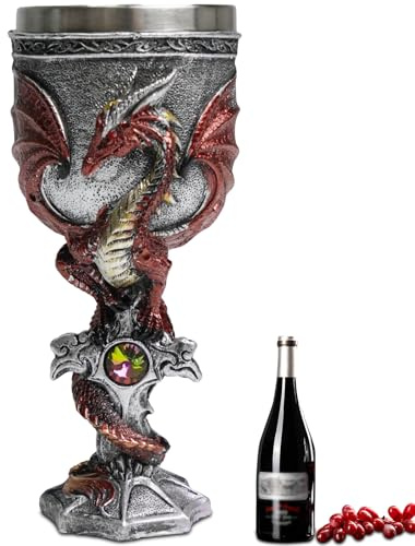 ZONSUSE Calice Medievale del Dragos, Coppa per Bere Drago Fosso Gotico, Calice da Vino Acciaio inossidabile Pterosauro, Dragos Rosso su Base a Manico, Regalo per Vino Cocktail 200ml (Drago Coppa)