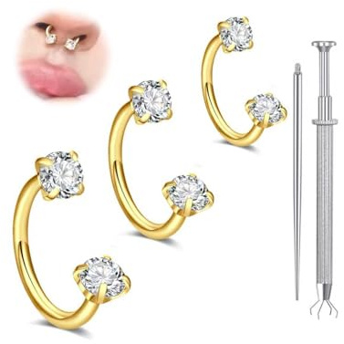 Nymora 3er Set 18G Gold Nasenpiercing Hufeisen Piercing (8mm) mit Griffwerkzeug & Einsetzernadel für Nostril Piercing - Hochwertiger Chirurgenstahl