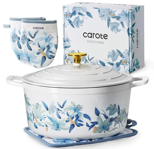 CAROTE 7QT Enameled Cast Iron Dutch Oven Pot with Lid, White & Blue | Sourdough Bread Baking with Cotton Potholders & Oven Gloves, Gift Box, Cookware for Braising, Oven Safe up to 500° F