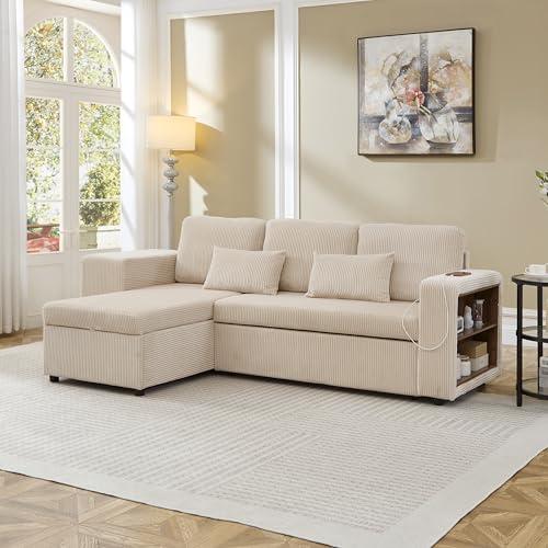 Ball & Cast Corner Sofa Bed, L-Shaped Sleeper Sectional Couch Bed, 3-in-1 Corduroy Convertible Pull Out Sofa Bed with Adjustable Backrest, Storage, USB and Cup Holder for Living Room, Beige