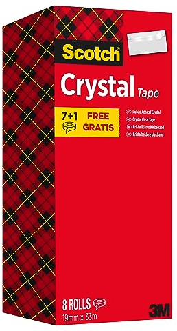 Scotch Crystal Tape Nastro Adesivo Trasparente, 8 Rotoli da 19 mm x 33 m, Nastro Trasparente Multiuso Adatto per Casa, Ufficio e Scuola