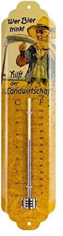 Nostalgic-Art Retro Thermometer, 7 x 28 cm, Wer Bier trinkt hilft der Landwirtschaft – Geschenk-Idee als Bar-Zubehör, aus Metall, Vintage Design, Bier-Deko