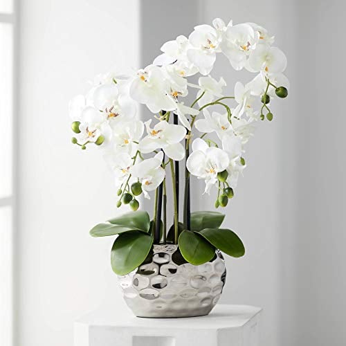 Dahlia Studios Kunstpflanze Orchidee Phalaenopsis mit silber-farbigem Keramiktopf - ca. 53cm hoch (weiß)