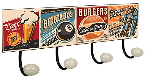 PERCHA Pared Vintage 4 Ganchos Porcelana BAR Retro 400x155MM