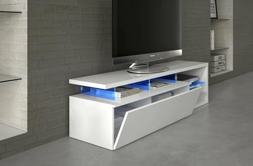 Mueble TV para salón con Puerta abatible y baldas de Cristal con luz led Azul, Color Blanco, 150 x 43 x 41 cm.