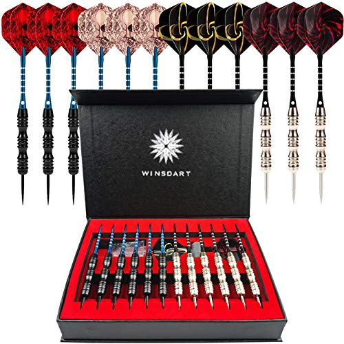 WINSDART ADKX Dartpfeile mit Stahlspitze, 12 Stück, mit rutschfestem Eisenfass, Aluminium-Dartschäften und Flights + Dart-Spitzer + Einer Geschenkbox (Darts-A, Darts-A)