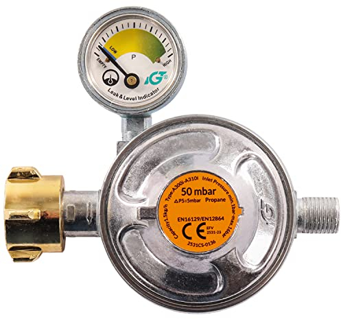 Gasdruckregler 50 mbar mit Manometer und Sicherheitsventil, Niederdruckregler Druckminderer - ideal für Gasgrills, Heizstrahler, Hockerkocher, Gaskocher, Lampen, uvm.