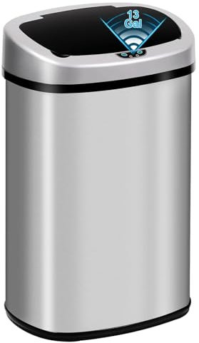13 Gallon Automatic Trash Can with Lid, Touch Free Stainless Steel Kitchen Trash Can Smart Garbage Can 50L High Capacity Electronic Sensor Trash Bin Waste Bin for Room Kitchen Office, Silver