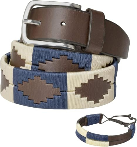 PELPE Argentinischer Ledergürtel mit passender Schnur und Lederarmband. Auf Leder gestickter Gürtel für Männer und Frauen