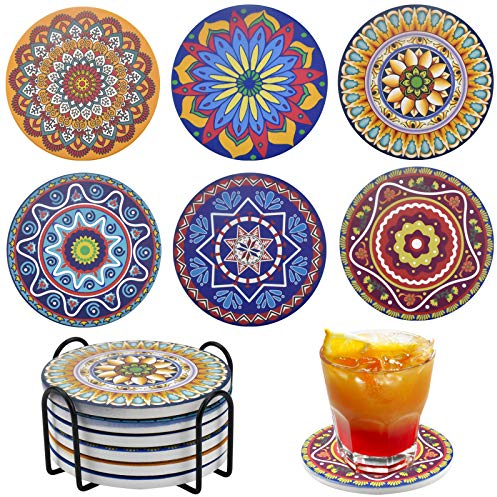 Jinlaili 6 Pièces Dessous de Verre en Céramique, 10.3cm sous-Verres Absorbante avec Support, Dessous de Verre Mandala en Céramique, Antidérapant Coaster Set avec Liège pour Maison/Bureau/Bar
