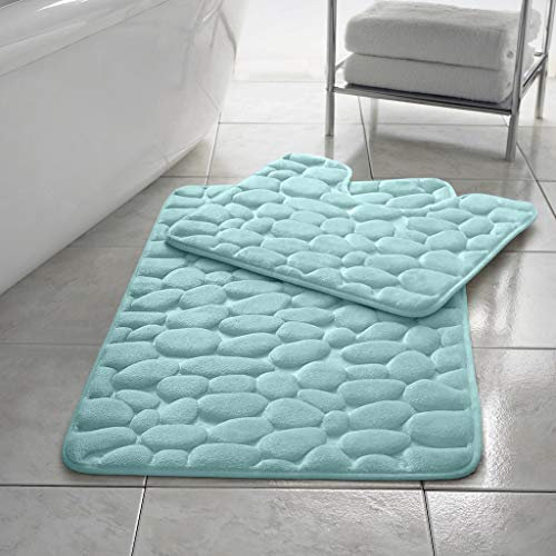 HOMES-LINEN Stone Pebbles Bath Mat Set Non Slip Pedestal Set Extra Absorbent 100% Memory Foam Bathroom Toilet Mat Rug Set (Aqua)