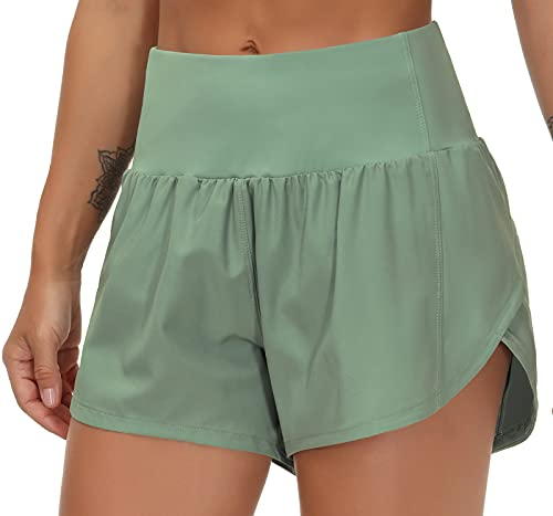 The Gym People Damen Lauf-Shorts, hohe Taille, schnelltrocknend, athletische Workout-Shorts mit Netzfutter und Reißverschlusstaschen., Jasmingrün, Klein