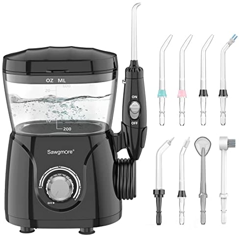 Sawgmore Irrigador Dental, Irrigador Bucal Profesional con 8 Boquillas Multifuncionales, 10 Ajustes de Presión del agua, Capacidad de 600ml, Limpieza Dientes, Aprobado por la FDA/CE Negro
