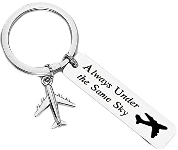 Lieson Porte-clé Homme Femme, Porte Cle Inoxydable Porte Cle Moto Personnalisable Gravé Avion Plaque Militaire Always Under The Same Sky 40x10mm Argent