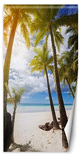 Feeby Türtapete selbstklebend Meer Palmen Strand 100x210 cm Türposter Türsticker Fototapete Wohnzimmer Schlafzimmer Kinderzimmer Büro Sand Wellen Wolken Beige
