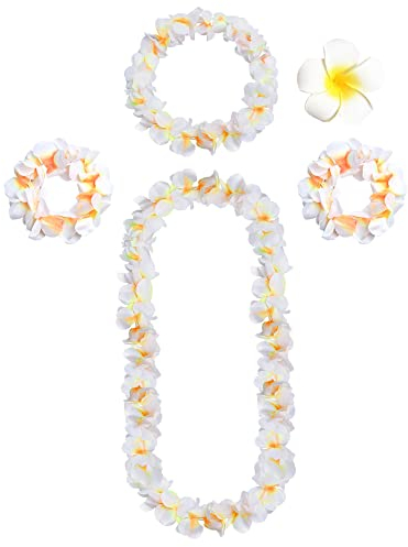 duoyif Ghirlanda Di Fiori Luau 5Pcs Collana Di Fiori Per Feste Hawaii Leis Ghirlanda Collana Con Fiori Collana Fascia Braccialetto Fermagli Per Capelli Per Feste Rave Carnevale Natale Vacanza (bianco)