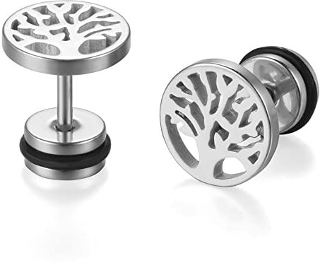 Cupimatch Damen Herren Ohrringe Edelstahl Holz Lebensbaum Creolen Ohrstecker Set für Frauen Männer, silber braun