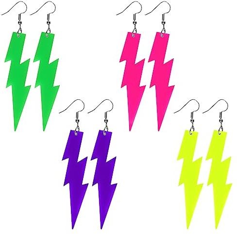 4 Paar Blitz Ohrringe Neon Damen 80er 90er Jahre Accessoires Acryl Boom Ohrringe Blitz Baumeln Ohrringe groß Halloween Schmuck 80er Jahre Kostüm Neon Accessoires Party Zubehör Damen