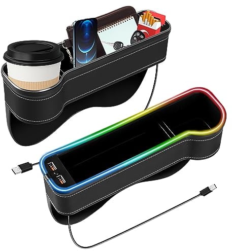 Bqweun Pack of 2 Multifunctional Storage Box for Seats With Cup Holder, 2 USB Ports, LED Light, Gap Filler, Car Organiser Front Centre Console