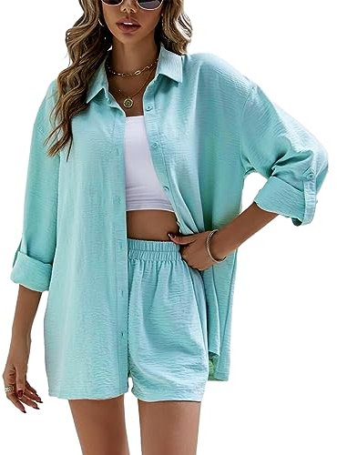 Geagodelia Damen Zweiteiler Elegant Hosenanzug Sommer Outfits Kleidung 2 Teiler Set Bluse Top + Shorts Y2k Aesthetic Clothes Loungewear Anzug (C - Hellblau, M)
