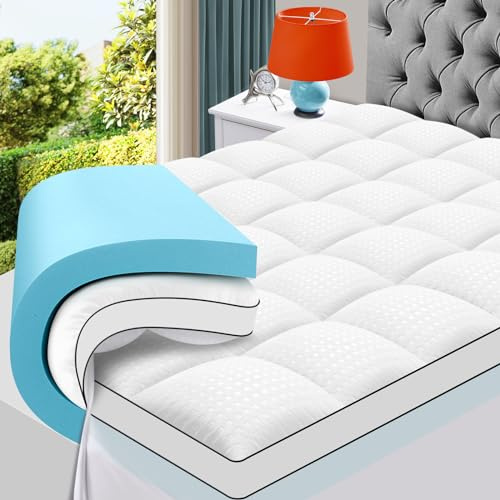MASVIS Queen Size Dual Layer 4 Inch Memory Foam Mattress Topper, 2 Inch Cooling Gel Memory Foam and 2 Inch Pillow Top Mattress Pad Cover for Back Pain, Medium Support