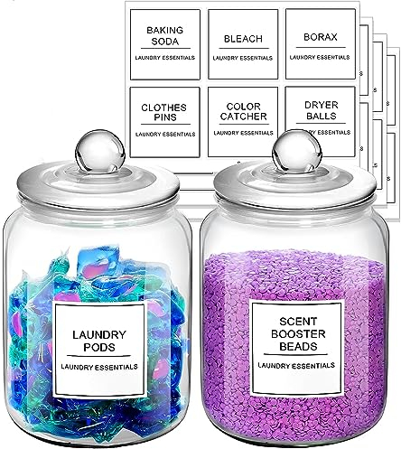 2 Pcs Glass Jars for Laundry Room Organization, 1/2 Gallon Glass Laundry Pods Container,Glass Containers with Lids Storage Labels, Suitable for Detergent Powder,Dryer balls,Scent Boosters,Laundry Room