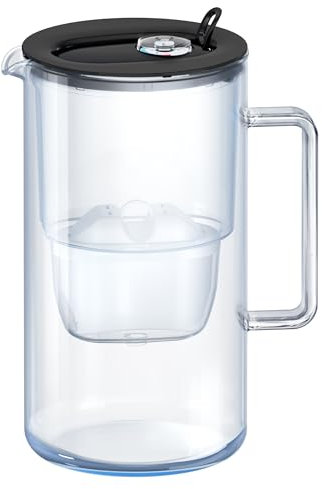 AQUAPHOR Glass Black Water Filter Jug - Take to Table Premium Glass Design Jug with Easy-Fill Flip-Open Lid, 2.5L Capacity, 1 X MAXFOR+ Filter Included, Reduces Limescale, Chlorine & Microplastics.