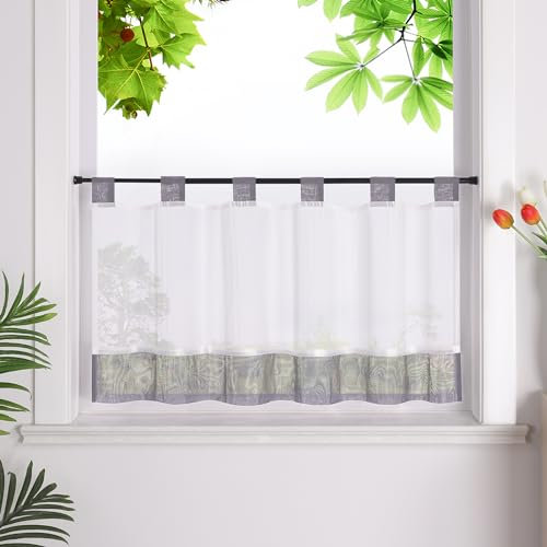 HeichkelL Scheibengardine mit Schlaufen Leinenoptik Gardine Halbtransparent Bistrogardine Landhausstil Kurzstores Grau HxB 120x125cm