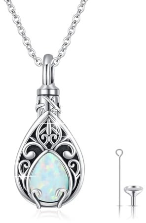 XIXLES Tree of Life Urn Necklace Teardrop Ashes Jewellery 925 Sterling Silver Urn Necklaces for Ashes Cremation Jewellery for Women Men Memorial Gifts for Human Ashes (10-Opal birthstone)