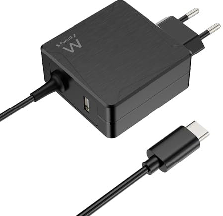 65W USB C, Ewent Chargeur Type C Alimentation Adaptateur pour MacBook Pro/Air, Lenovo,HP,ASUS, Acer,Huawei,Matebook,Xiaomi,Samsung, Tablettes,câble de 1,5 mètre,Prise USB-A supplémentaire, Noir