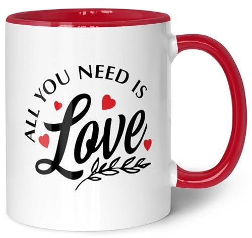 GRAVURZEILE Tazza stampata con scritta – All you need is love – Tazza da caffè con scritta – Regalo per San Valentino – Lavabile in lavastoviglie – Regali per lui & per lei – Colore: rosso