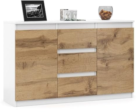 VBChome Kommode mit 3 Schubladen und 2 Türen Weiß - Eiche Wotan 120 x 35 x 75 cm Grifflose Schubladenkommode Mehrzweckschrank für Flur Schlafzimmer Wohnzimmer