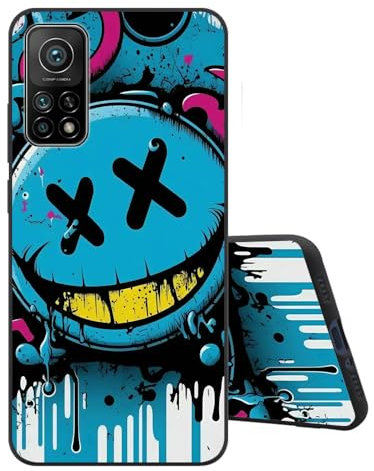Sinyunron Handyhülle Kompatibel mit Xiaomi Mi 10T Pro 5G Hülle Silikon Schwarz Matte Rückseite Schutzhülle mit Muster,Weiche Stoßfest Kratzfest Schlanke TPU Softschale Case,Blaues Emoji
