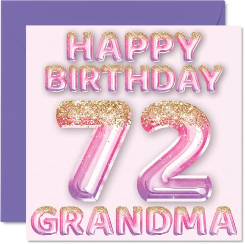72nd Birthday Card for Grandma, Pink & Purple Glitter Balloons | Happy Birthday Cards for 72 Year Old Grandma from Grandson Granddaughter, 145mm Bday Greeting Cards Gift
