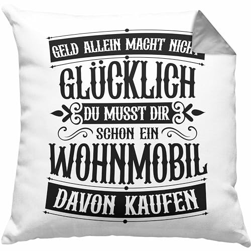 Trendation Hobby Wohnmobil Kissen mit Füllung 40x40 Geschenk für Wohnwagen Fans Geld Allein Macht Nicht Glücklich (Grau)