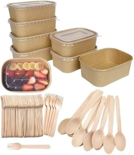 HOT BARGAINS 100 X 1000ml Kraft Food Containers With Plastic Lids + 100 Spoons + 100 Forks For Takeaway Eco Friendly (1000ml)