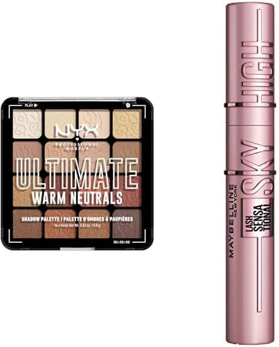 Bundle of NYX Professional Makeup Lidschattenpalette mit 16 Farbtönen, Ultimate Shadow, Farbton: Warm Neutrals + Maybelline New York Lash Sensational Sky High Mascara, Very Black, 7,2 ml