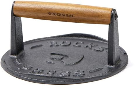 7 Inch Bacon Press, Heavy Duty Cast Iron Grill Press, 2.5 lbs Round Smash Burger Press with Wood Handle & Raised Edge, Food-Grade Griddle Press for Hamburger Bacon Seared Steak Sandwiches and Panini