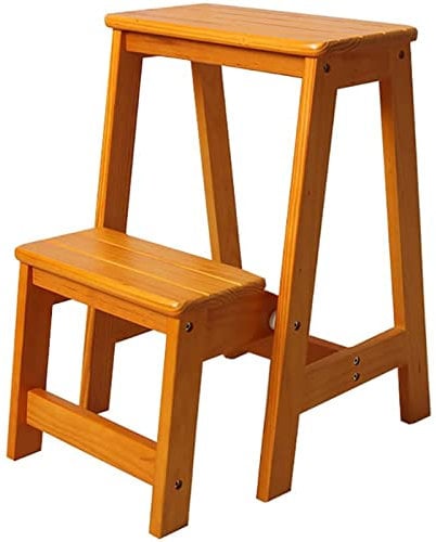 ZVALIEVYE Folding Step Ladder Chair - Wooden Foldable Ladder Stool Shelf Library Steps Bookshelf Plant Stand for Storage and Decoration/Wood Color