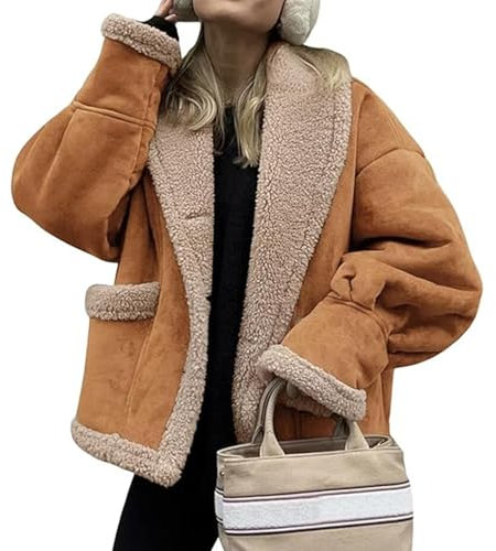 Générique 2025 New Women'S Winter Casual Faux Suede Jacket,Button Down Fuzzy Sherpa Lined Leather Bomber Jacket (Brown,L)